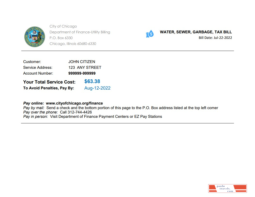 USA Illinois Chicago water, sewer, garbage, tax bill Word and PDF template